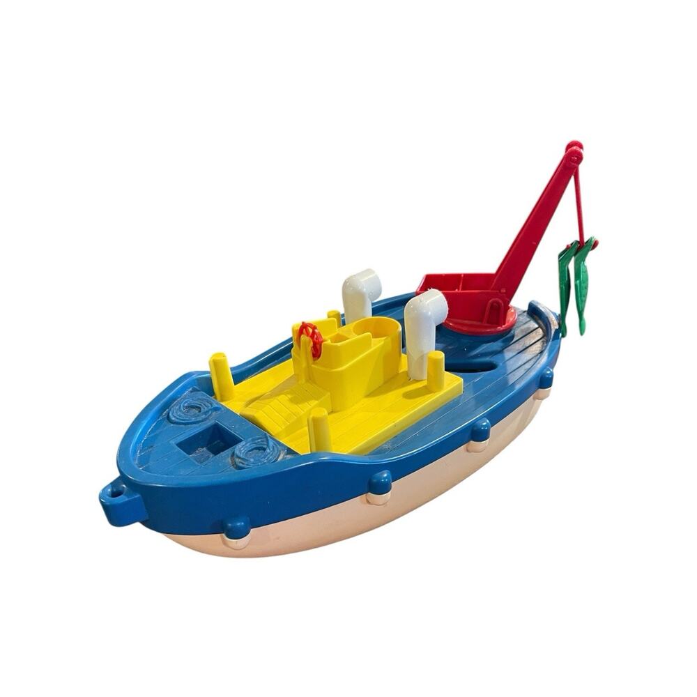Vintage 1974 Playskool Take Apart Fishing Boat #405 Blue Yellow Red Crane 2 Fish